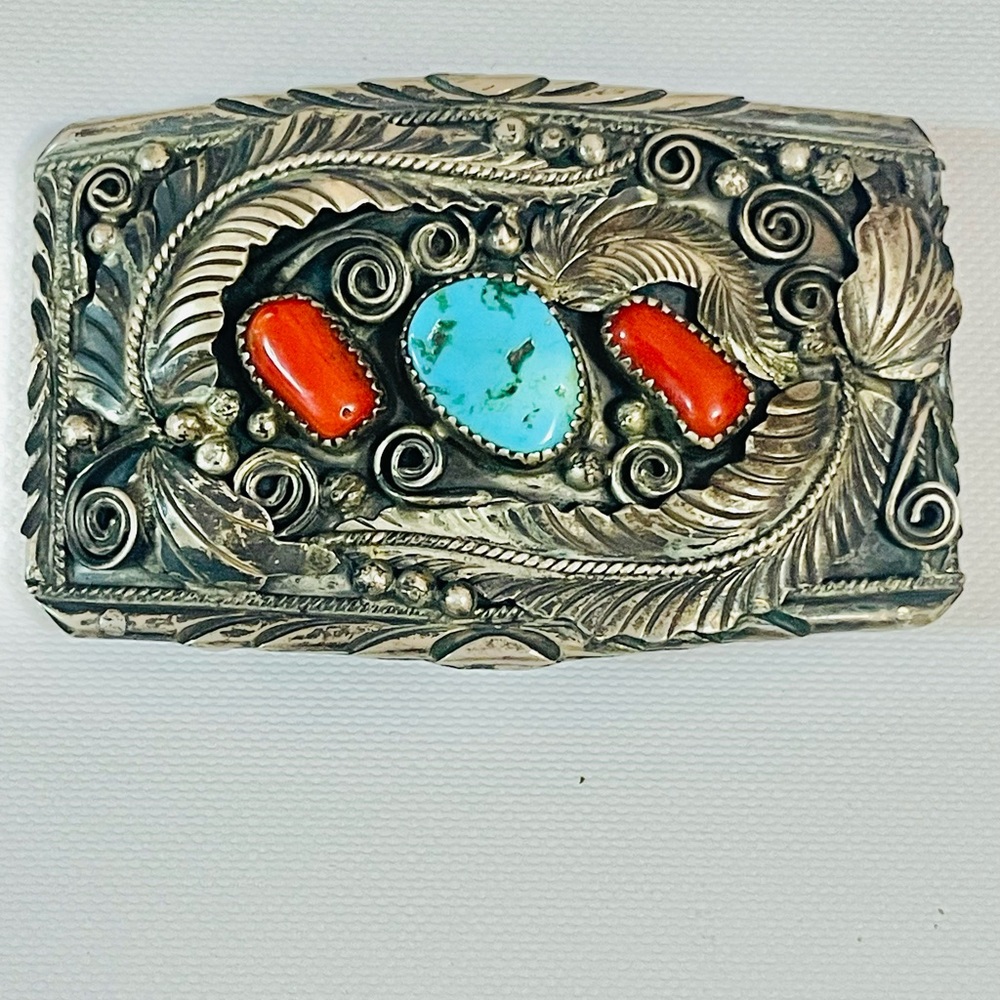 Vtg Native American Justin Morris Navajo Sterling Turquoise Coral Belt Buckle 3”